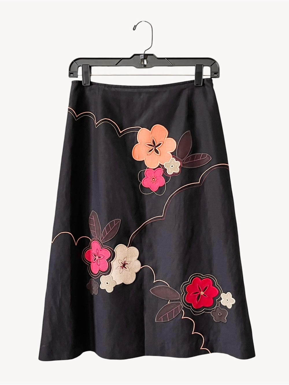 Harold’s Embroidered Skirt Women's Size 4 Black Silk Linen Blend Floral A-Line
